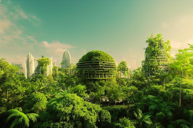 Ilustración de arte 3D del concepto de ciudad de utopía verde tropical amigable con el medio ambiente