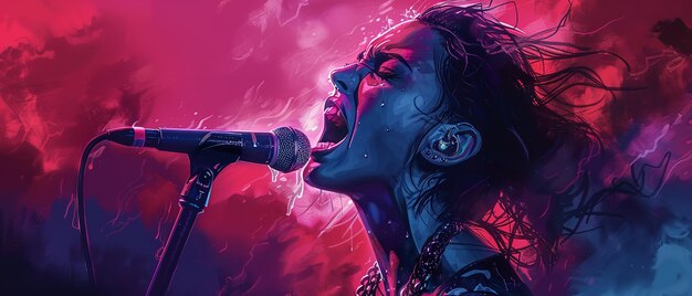 Una ilustración de arte al óleo de una cantante de rock vocal femenina contra un telón de fondo rojo vibrante con muchos trazos con colores y espacio para texto o fondo de publicidad de productos IA generativa