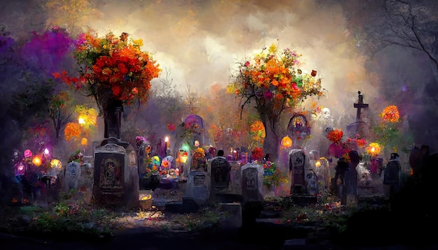 Ilustración de arte conceptual de cementerio dia de muertos