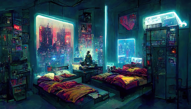 Ilustración de arte conceptual de dormitorio futurista cyberpunk acogedor