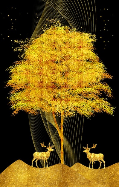 Ilustración de arte decorativo de lienzo 3D de líneas onduladas de color y árbol de Navidad dorado negro oscuro