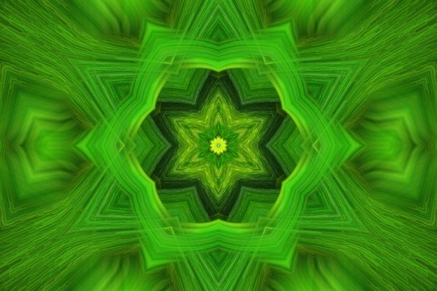 Ilustración de arte digital en 3D patrón de caleidoscopio verde brillante abstracto