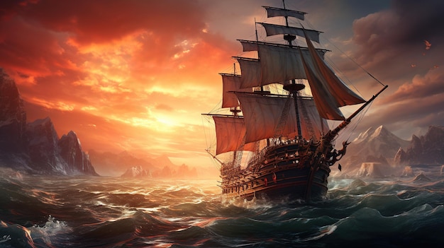 Ilustración de arte digital de aventura marítima antigua