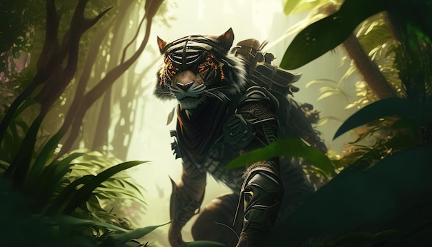 Ilustración de arte digital de cazador de tigres IA generativa