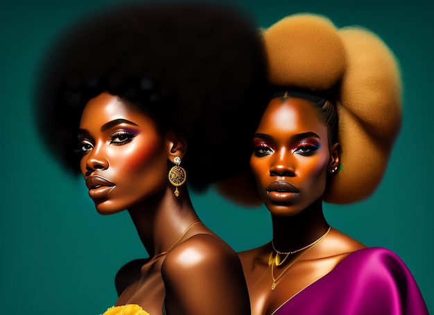 Una ilustración de arte digital de dos mujeres negras con cabello natural y un vestido morado.