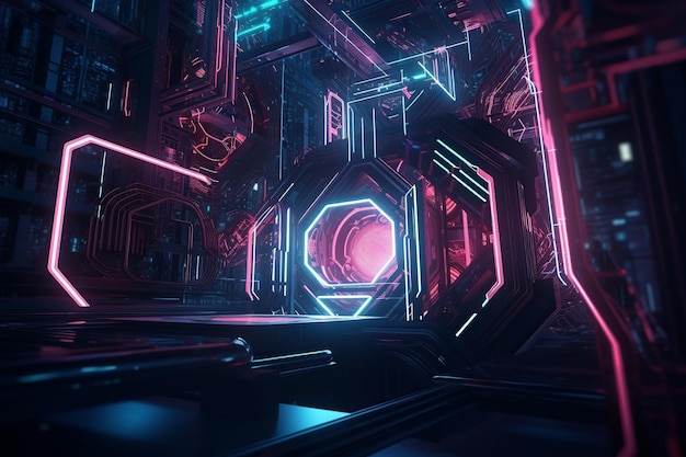 Una ilustración de arte digital de una habitación futurista con luces de neón y un letrero de neón azul y rosa.