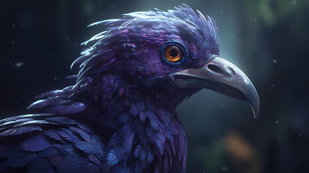 Foto ilustración de arte digital hereje de pájaro emplumado púrpura ia generativa