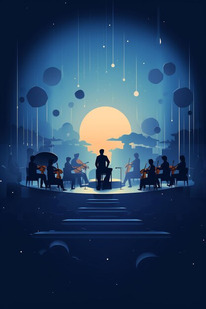 una ilustración de arte digital de un hombre tocando música con sus amigos.