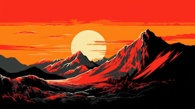 Ilustración de arte digital de montañas al atardecer en estilo Shepard Fairey