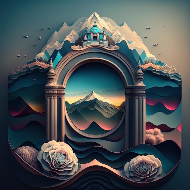 Una ilustración de arte digital de una puerta con montañas al fondo.