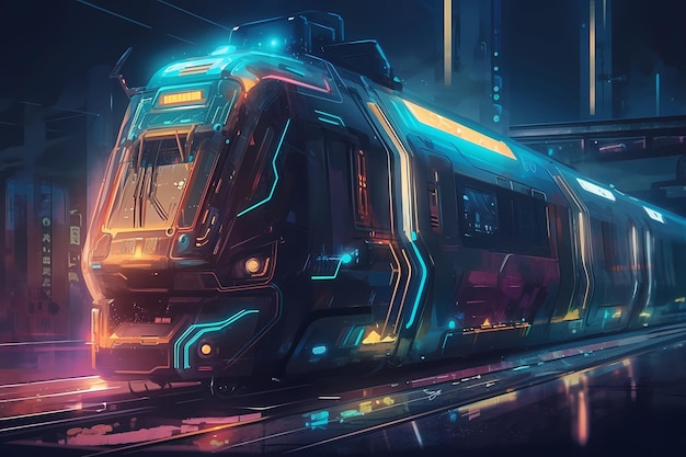 Una ilustración de arte digital de tren cyberpunk futurista