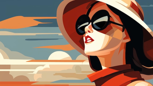 Ilustración de arte estilizada con una mujer de moda con un sombrero de gran tamaño y gafas de sol que evoca un ambiente elegante vintage