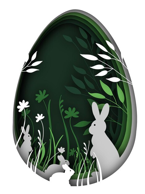 Ilustración arte en papel huevo de pascua y conejitos cortados en papel
