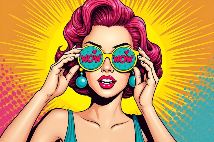 Ilustración de arte pop de una mujer con el clásico cabello corto y ondulado de los años 50 estilizado en rizos icónicos contra