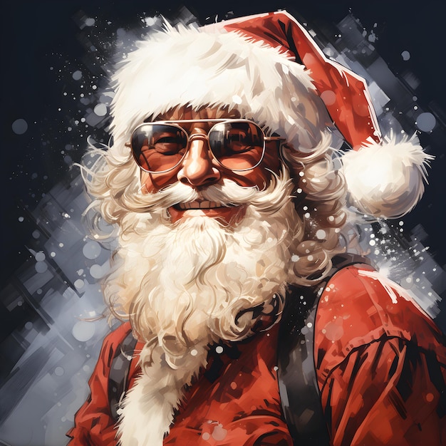 Ilustración de arte pop Papá Noel usa lentes geniales, mejillas sonrosadas y una barba blanca y esponjosa. Llevaba un sombrero de terciopelo rojo decorado con pelaje blanco. Adecuado para usar durante el festival de Navidad.