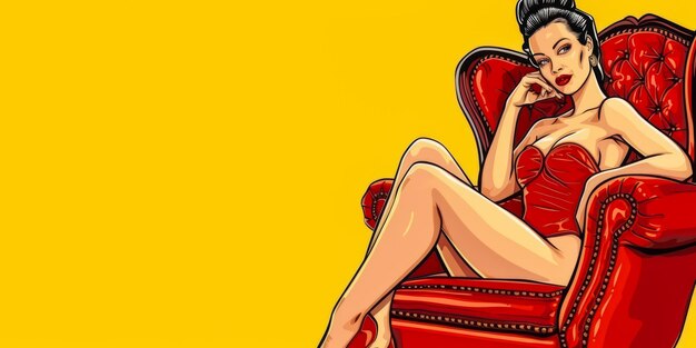 Foto ilustración de arte pop retro de una mujer con colores vibrantes y espacio de copia para texto