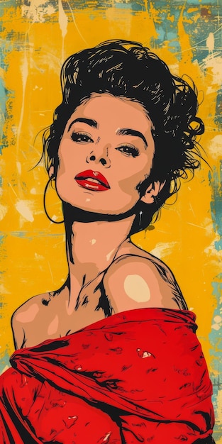 Ilustración de arte pop retro de una mujer con colores vibrantes y espacio de copia para el texto