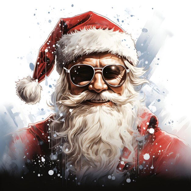 Ilustración de arte pop Santa Claus lleva gafas frescas mejillas rosadas y tiene una barba blanca esponjosa que llevaba