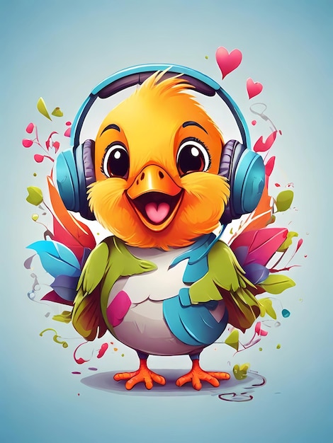 Ilustración de arte vectorial de un pájaro lindo riendo escuchando música