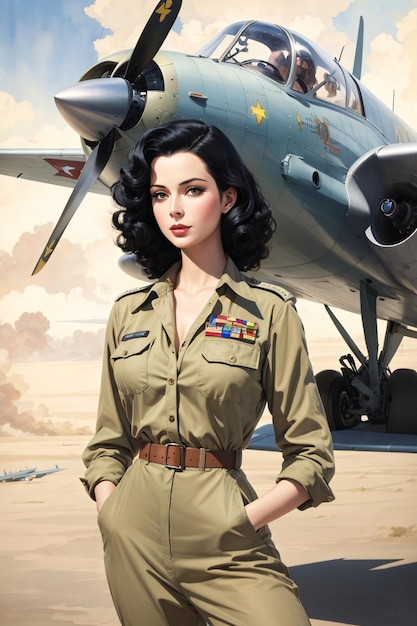 Ilustración de arte vintage de una mujer piloto