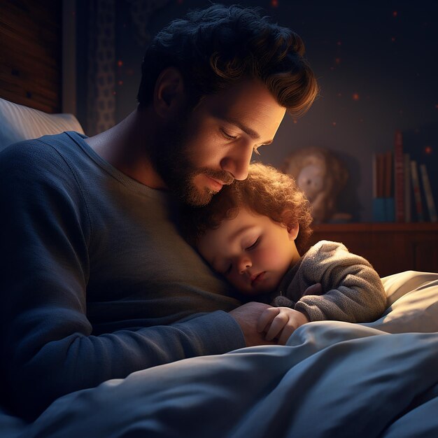 Foto una ilustración artística en 3d de un padre sosteniendo a su bebé en el dormitorio antes de dormir padre e hijo