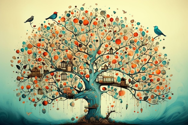 una ilustración artística de un árbol con hojas