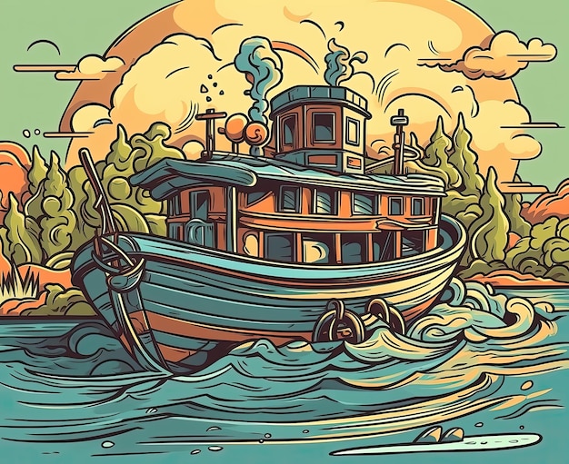 Ilustración artística de un barco en el agua un barco navegando en el mar