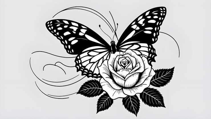 Ilustración artística en blanco y negro con una mariposa y una rosa