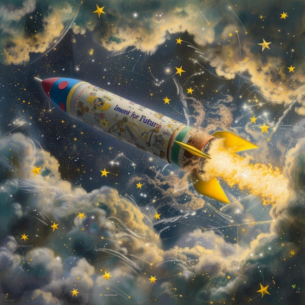 Foto ilustración artística de un cohete con estrellas y nubes