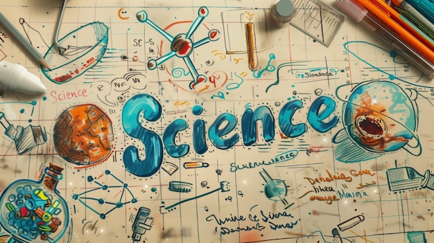 Foto ilustración artística y colorida de elementos científicos con texto científico