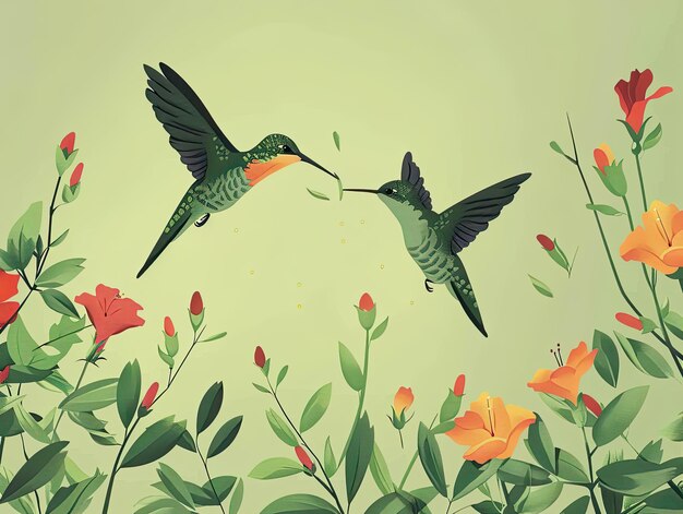 Foto ilustración artística de dos colibríes flotando y alimentándose de las vibrantes flores de naranja contra