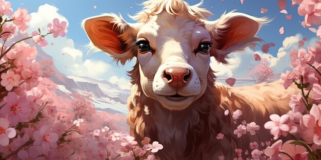 Ilustración artística de una linda vaca en una atmósfera de flor en flor