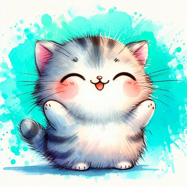 Ilustración artística de un lindo gatito marrón feliz en un fondo de acuarela