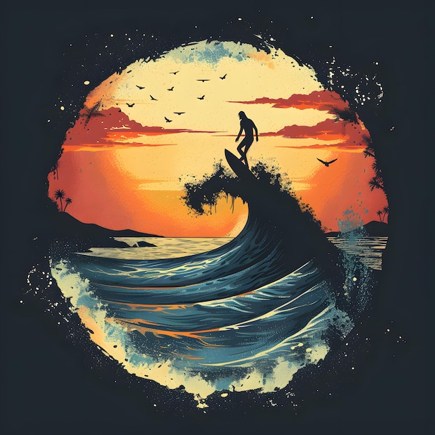 Una ilustración artística de un surfista en una ola contra un cielo ardiente al atardecer