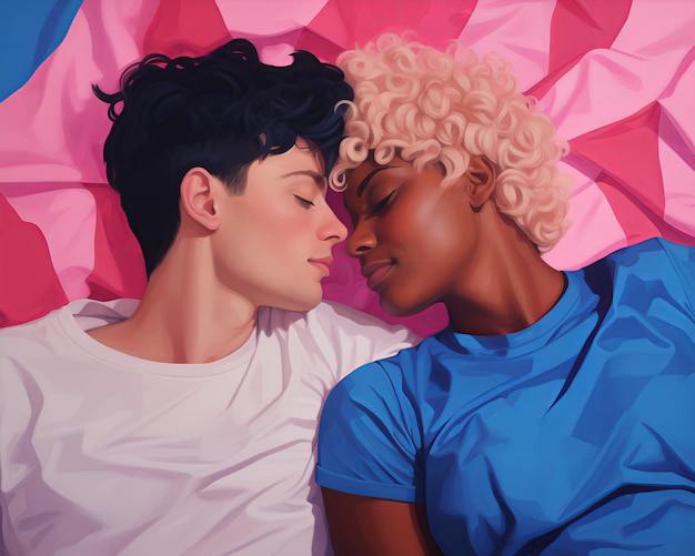 Foto ilustración artística unificada del amor de una pareja lgbtq interracial