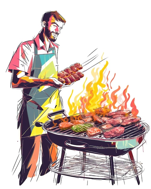 ilustración asando bistecs jugosos en una barbacoa