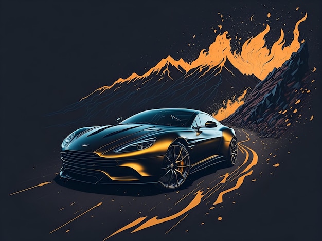 Una ilustración aston martin con fondo de montaña.