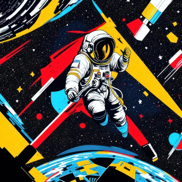 Una ilustración de un astronauta con un cohete al fondo.