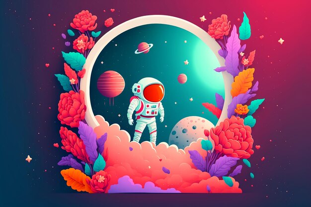 Una ilustración de un astronauta en un espacio con flores y planetas.