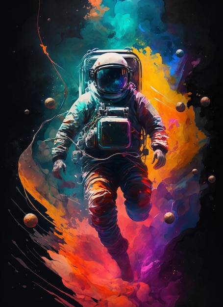 Una ilustración de un astronauta con un fondo de arco iris.