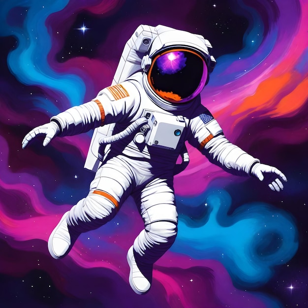 Una ilustración de un astronauta con un fondo púrpura y una nebulosa en el fondo