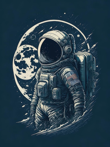 Ilustración de un astronauta parado frente a una luna llena creada con tecnología de IA generativa