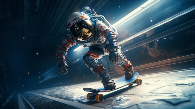 Ilustración de un astronauta realizando trucos de patinaje