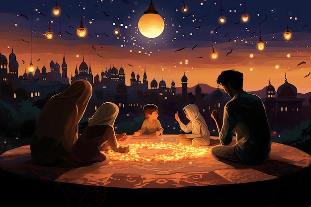 Ilustración de la atmósfera de las noches de Ramadán con familias e individuos de una mezquita.