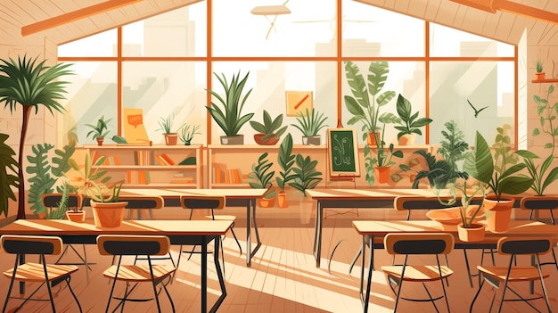 Ilustración para el aula de regreso a clases con mesas y plantas.