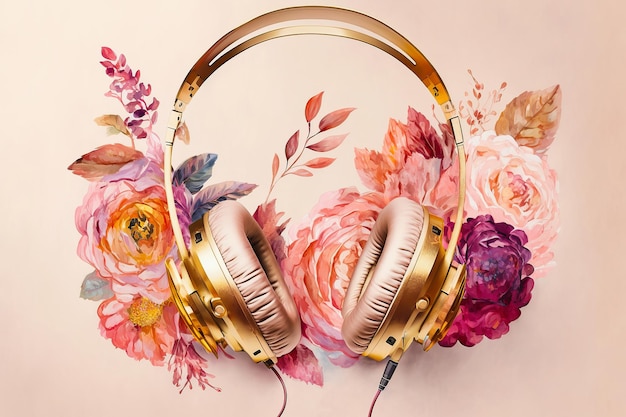 Ilustración de auriculares con flores y plantas.