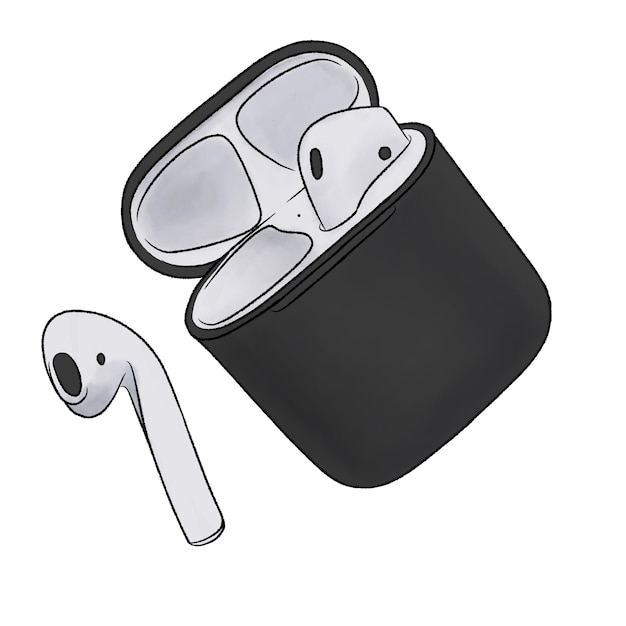 Ilustración de auriculares inalámbricos negros sobre un fondo blanco
