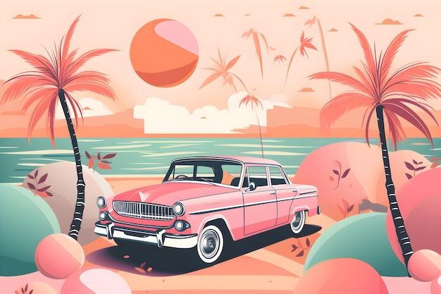 Una ilustración de un auto rosa en una playa