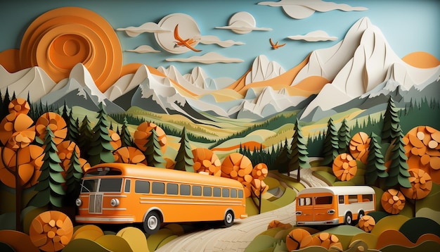 Ilustración de un autobús escolar en la carretera en las montañas
