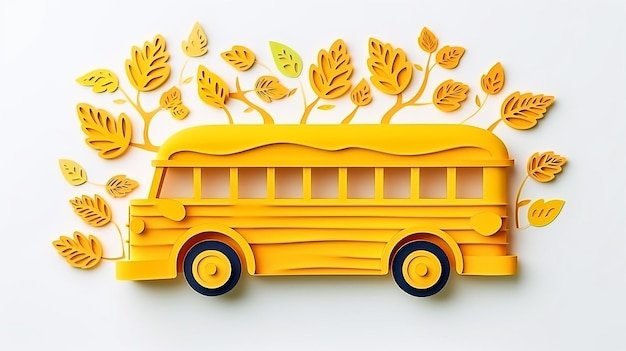 Ilustración de autobús escolar con hojas en estilo de corte de papel sobre fondo blanco aislado